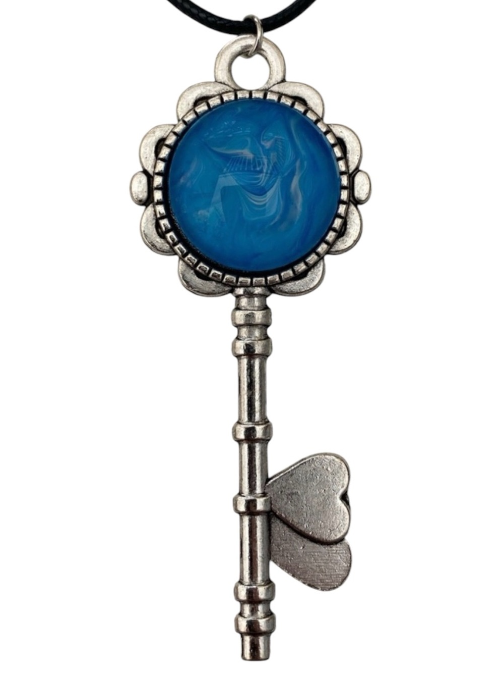Hand Crafted Fluid Art Necklace by Svetlana Yeung White and Blue Key Pendant